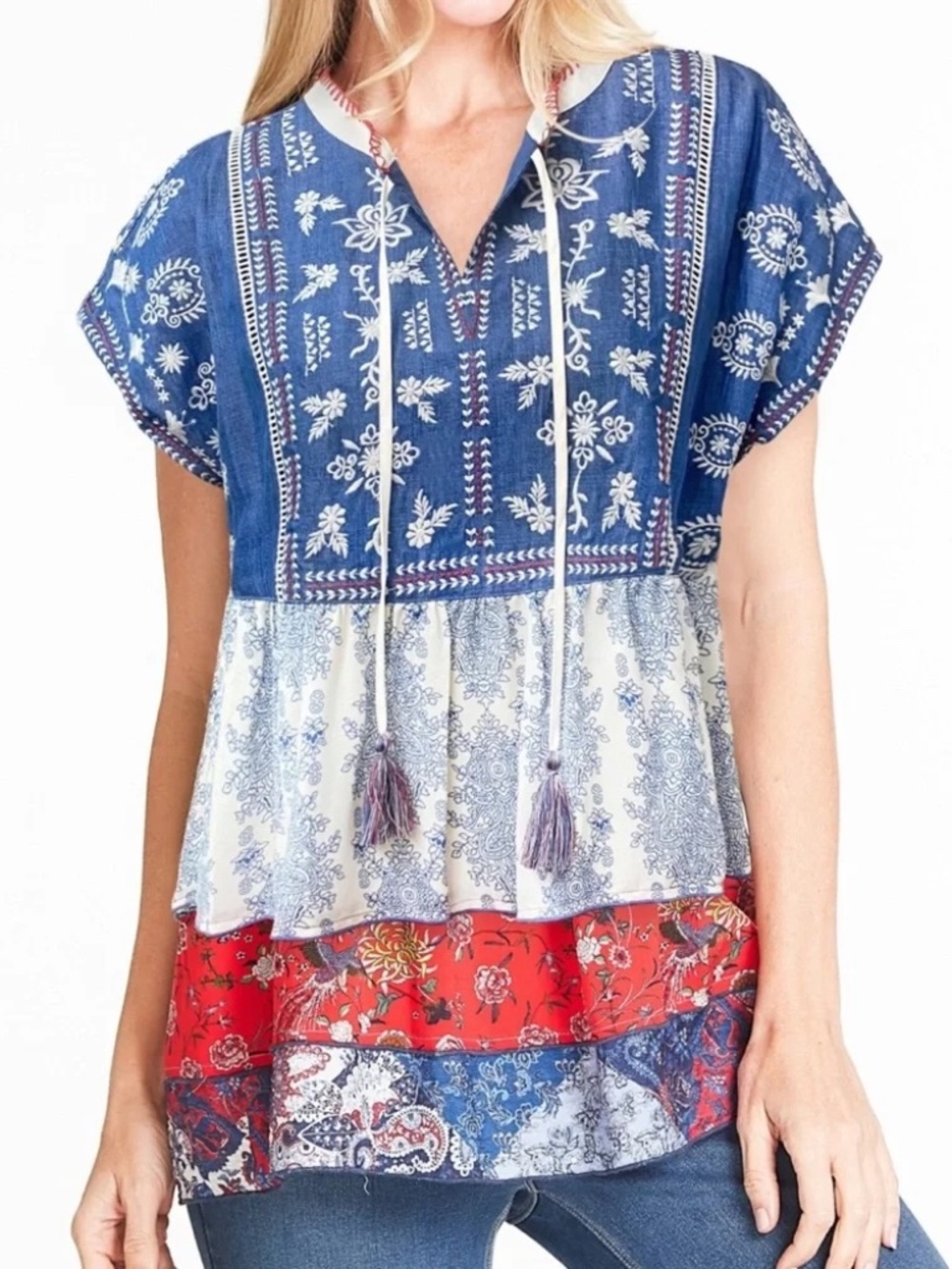 John Mark Embroidered Floral Mixed Print Artsy Tiered Top Size Small Boho Praire